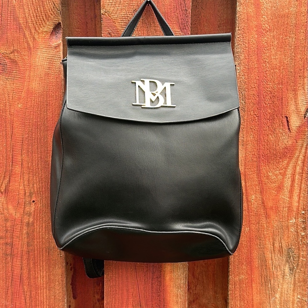 Badgley Mischka Black Leather Minimalist Backpack with Gold Accent